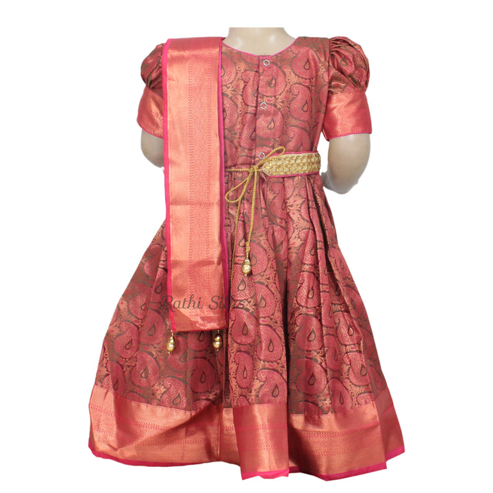 Brick Red &amp; Gold Art Silk Paisley Stitched Saree Dress