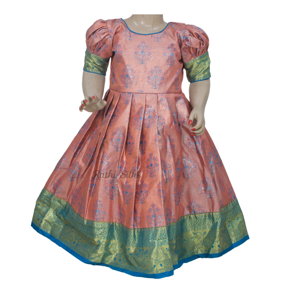 Peach &amp; Teal Art Silk Floral Brocade Stitched Saree Dress
