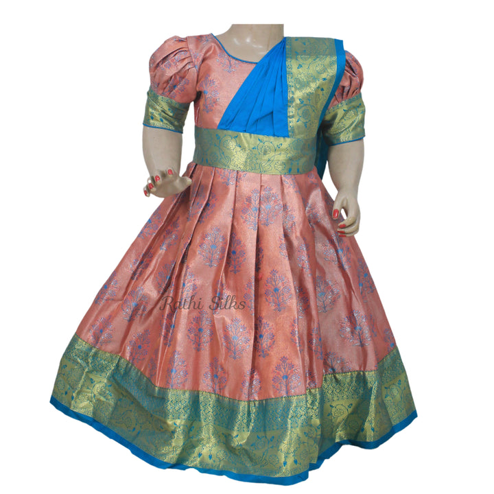 Peach &amp; Teal Art Silk Floral Brocade Stitched Saree Dress