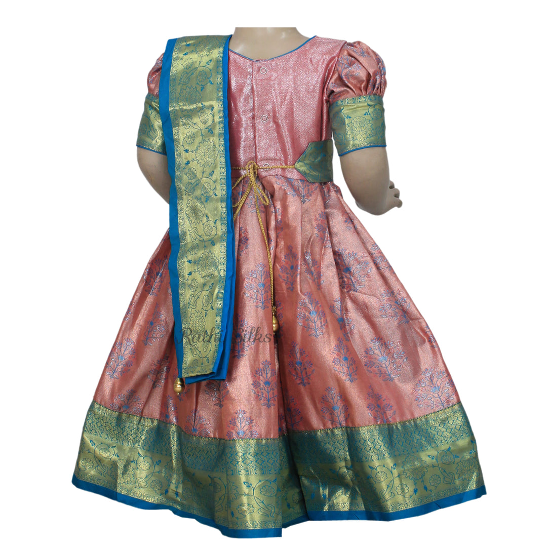 Peach &amp; Teal Art Silk Floral Brocade Stitched Saree Dress