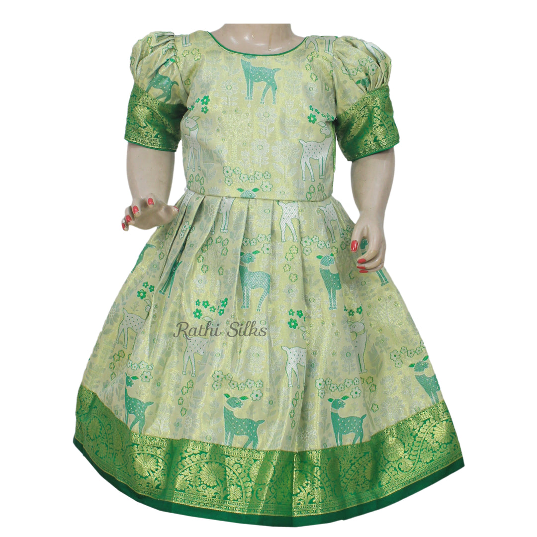 Green Art Silk Deer Motif Stitched Saree Dress