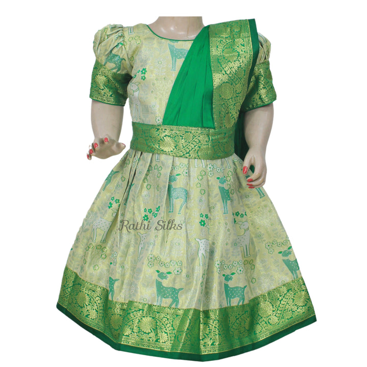 Green Art Silk Deer Motif Stitched Saree Dress