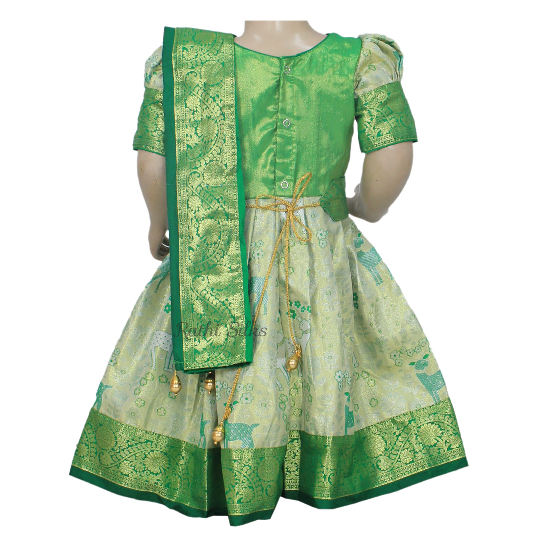 Green Art Silk Deer Motif Stitched Saree Dress