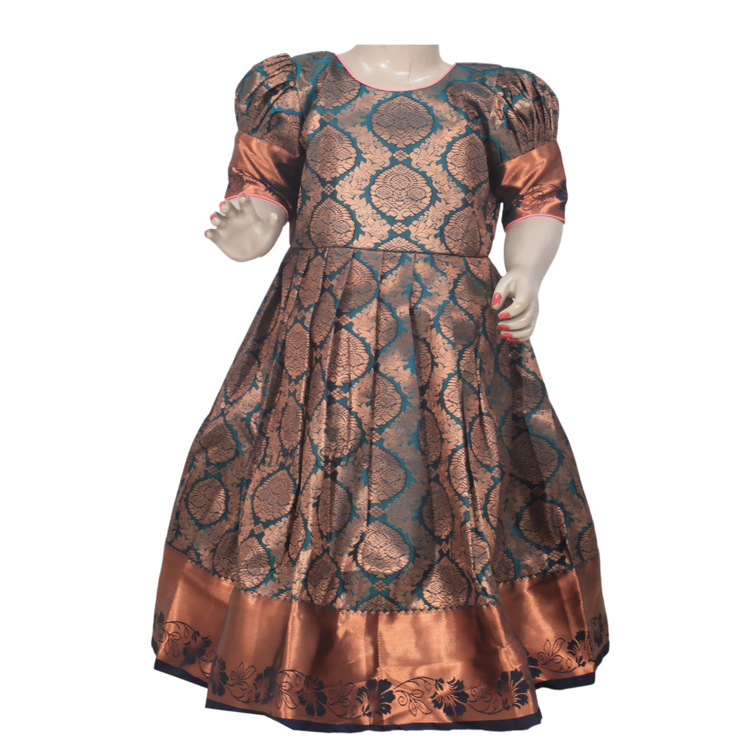 Teal &amp; Copper Art Silk Brocade Stitched Saree Dress