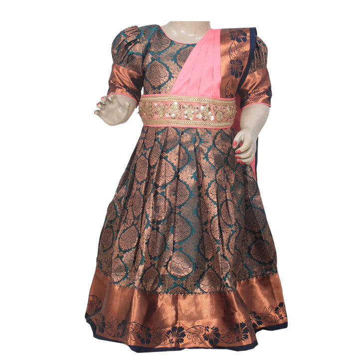 Teal &amp; Copper Art Silk Brocade Stitched Saree Dress