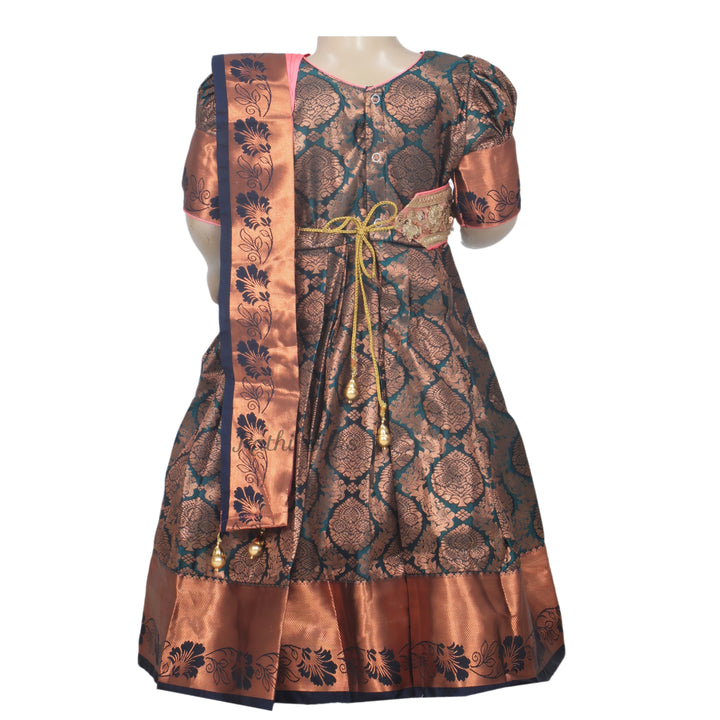Teal &amp; Copper Art Silk Brocade Stitched Saree Dress