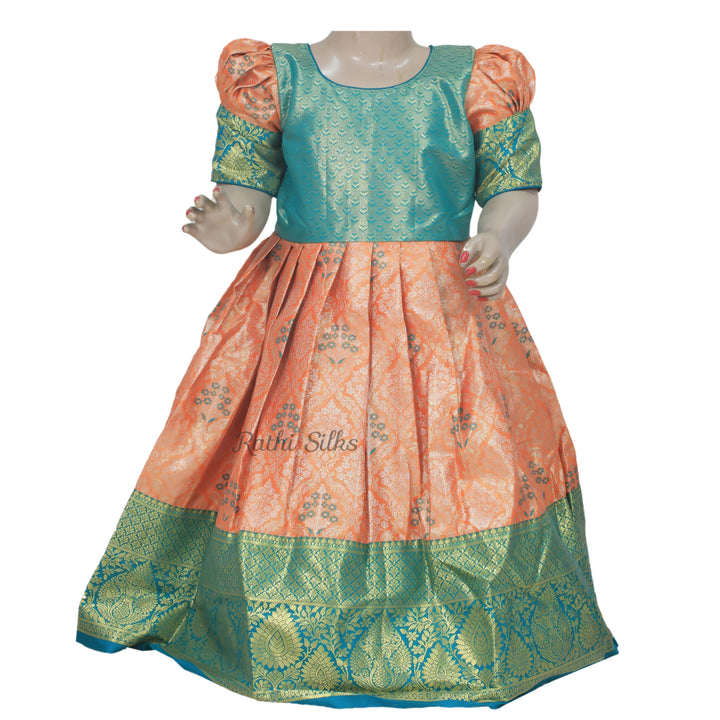 Peach &amp; Teal Art Silk Brocade Stitched Saree Dress