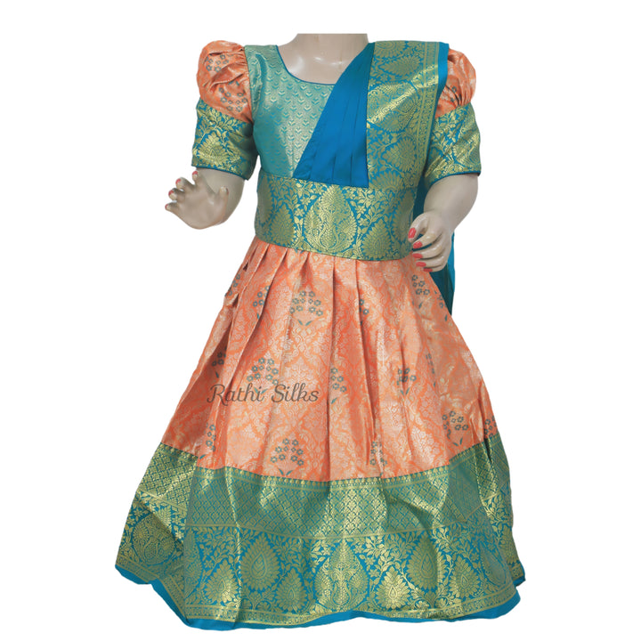 Peach &amp; Teal Art Silk Brocade Stitched Saree Dress