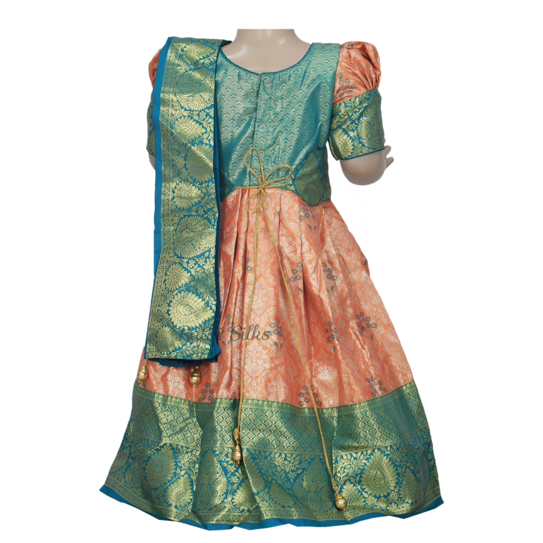 Peach &amp; Teal Art Silk Brocade Stitched Saree Dress