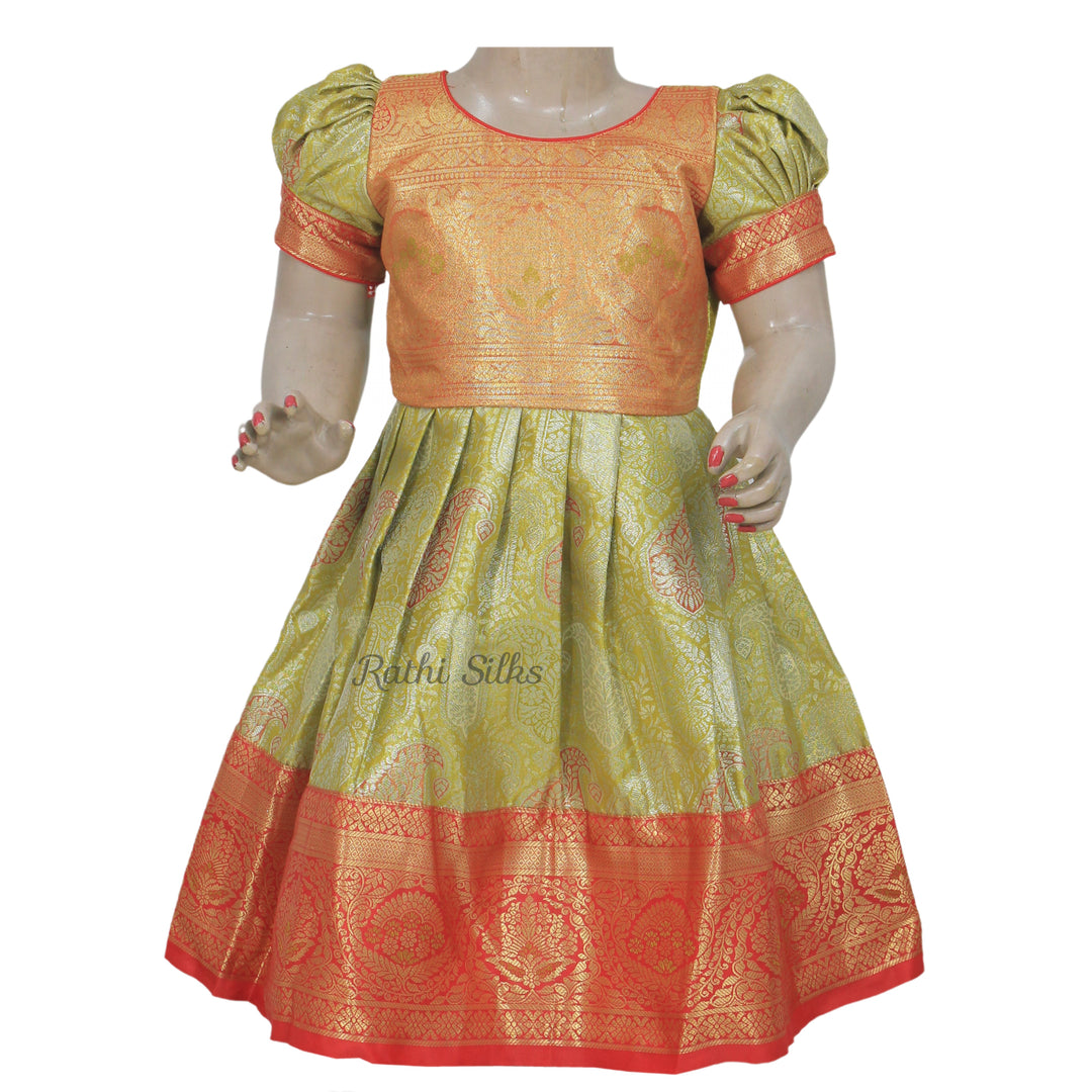 Parrot Green &amp; Red Art Silk Stitched Saree Dress
