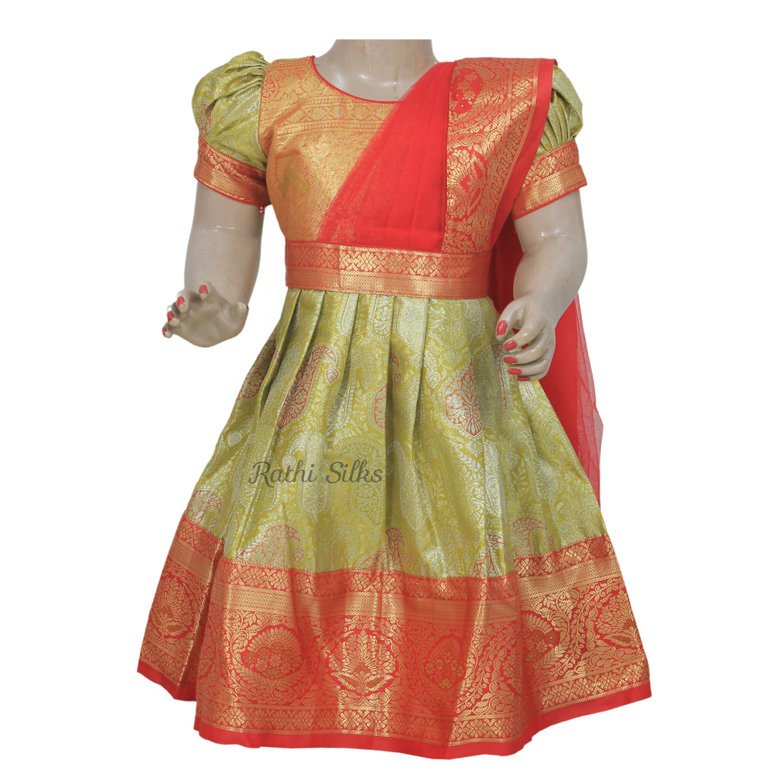 Parrot Green &amp; Red Art Silk Stitched Saree Dress