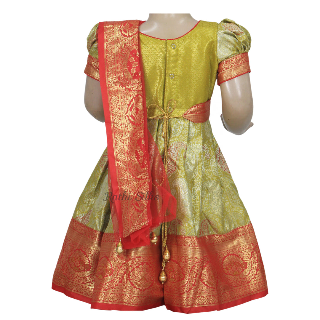 Parrot Green &amp; Red Art Silk Stitched Saree Dress
