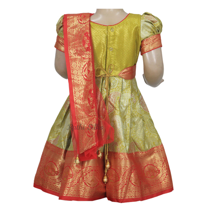Parrot Green &amp; Red Art Silk Stitched Saree Dress