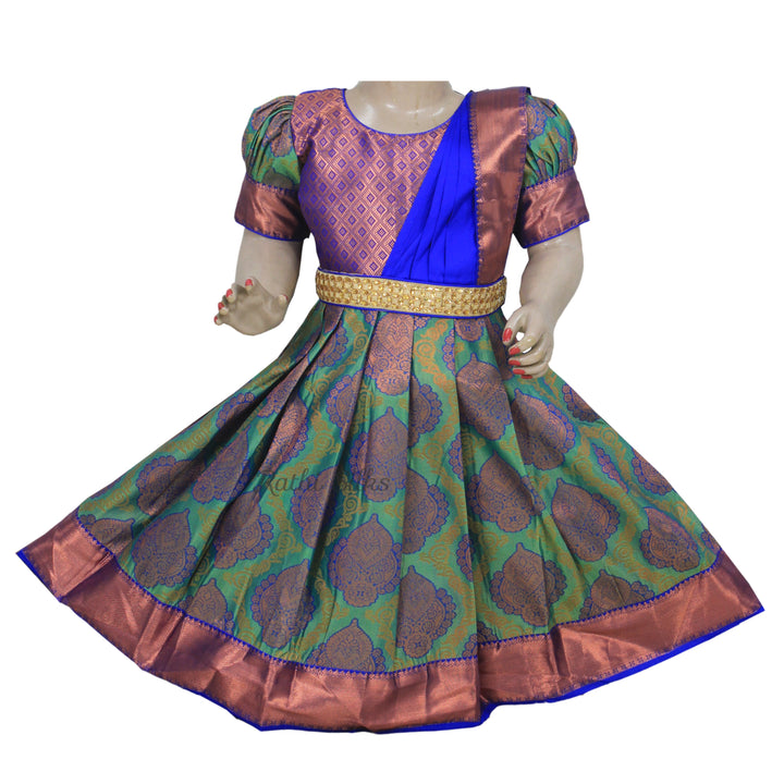 Green &amp; Royal Blue Art Silk Brocade Stitched Saree Dress