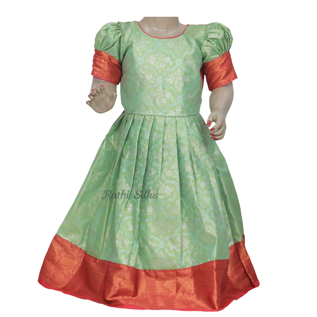 Mint Green &amp; Coral Art Silk Brocade Stitched Saree Dress
