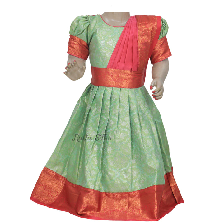 Mint Green &amp; Coral Art Silk Brocade Stitched Saree Dress