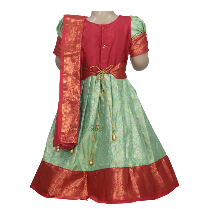 Mint Green &amp; Coral Art Silk Brocade Stitched Saree Dress