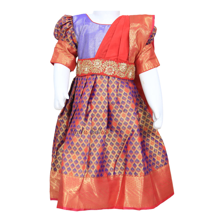Violet &amp; Orange Art Silk Brocade Stitched Saree Dress