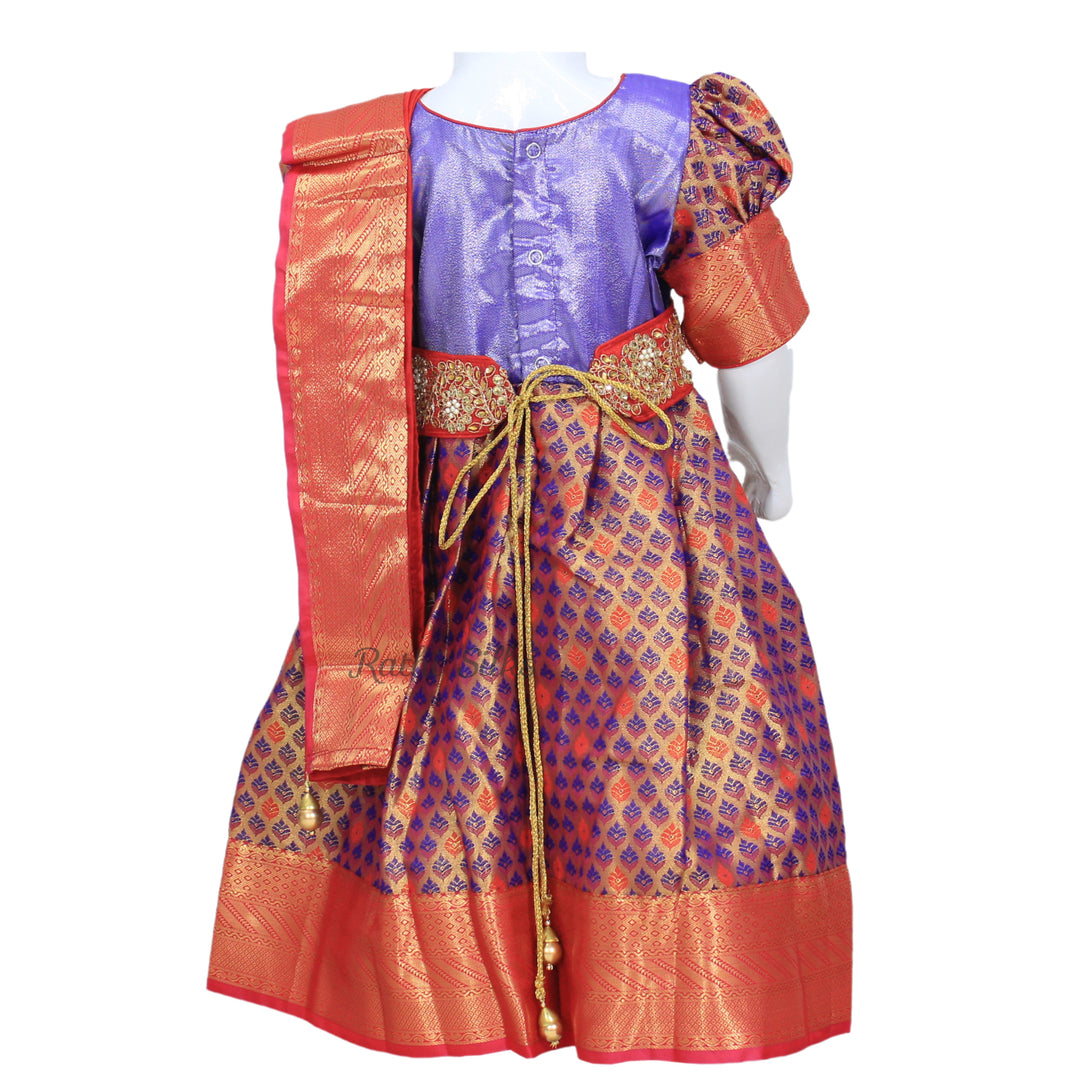 Violet &amp; Orange Art Silk Brocade Stitched Saree Dress