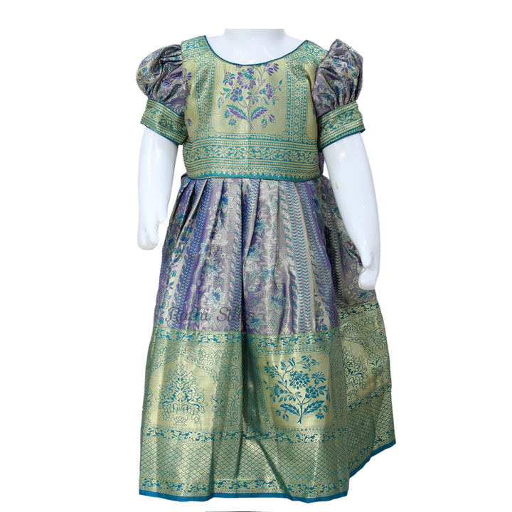 Teal &amp; Lavender Art Silk Brocade Stitched Saree Dress