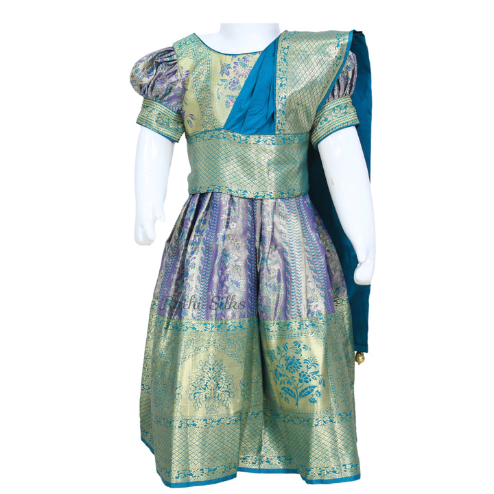 Teal &amp; Lavender Art Silk Brocade Stitched Saree Dress