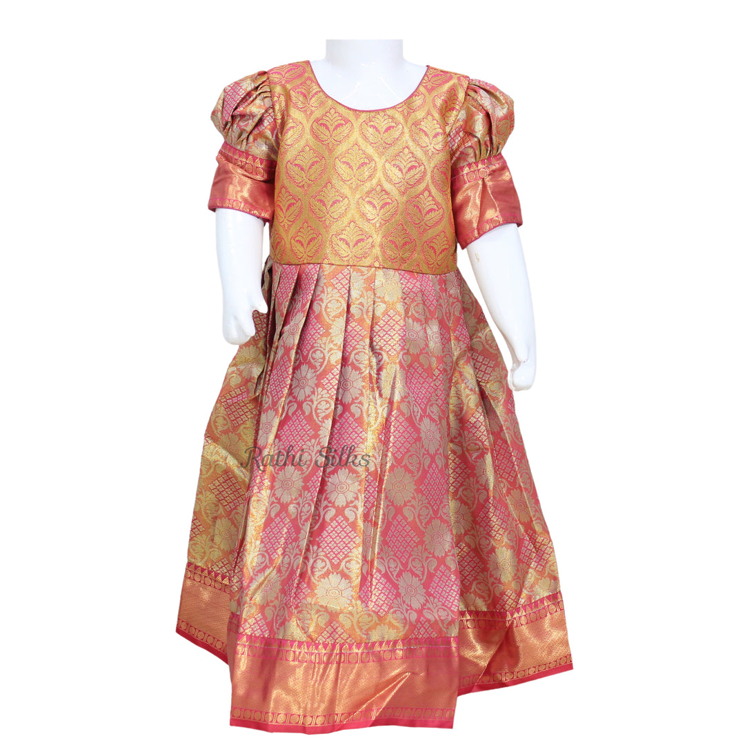 Rose Pink &amp; Gold Art Silk Brocade Stitched Saree Dress