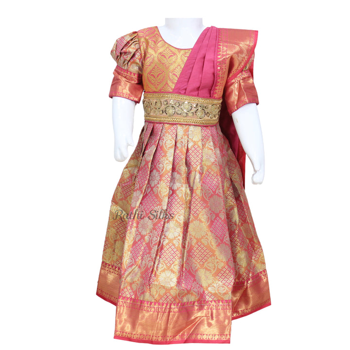 Rose Pink &amp; Gold Art Silk Brocade Stitched Saree Dress