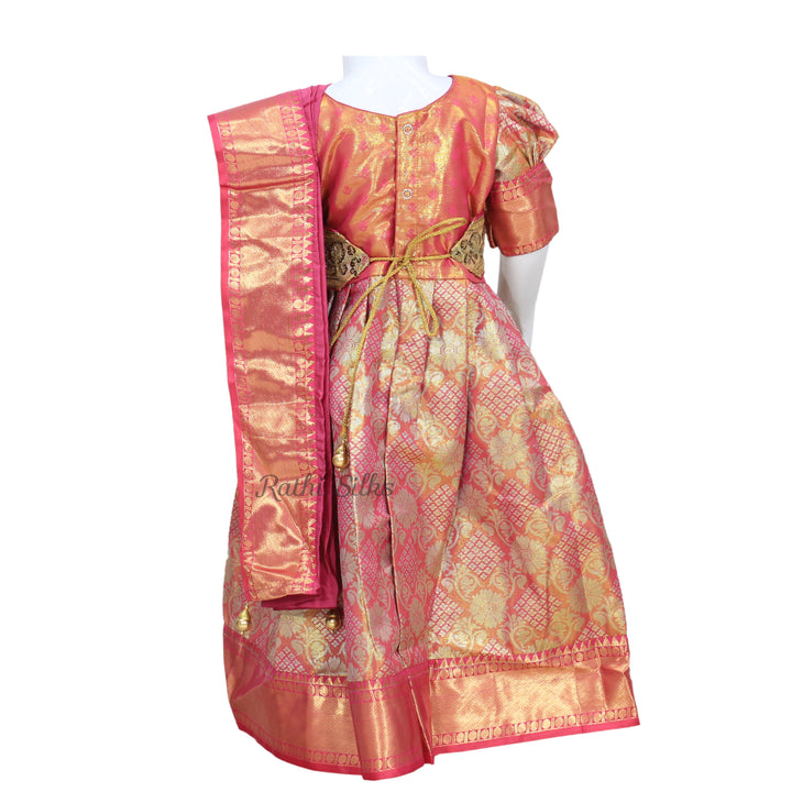 Rose Pink &amp; Gold Art Silk Brocade Stitched Saree Dress