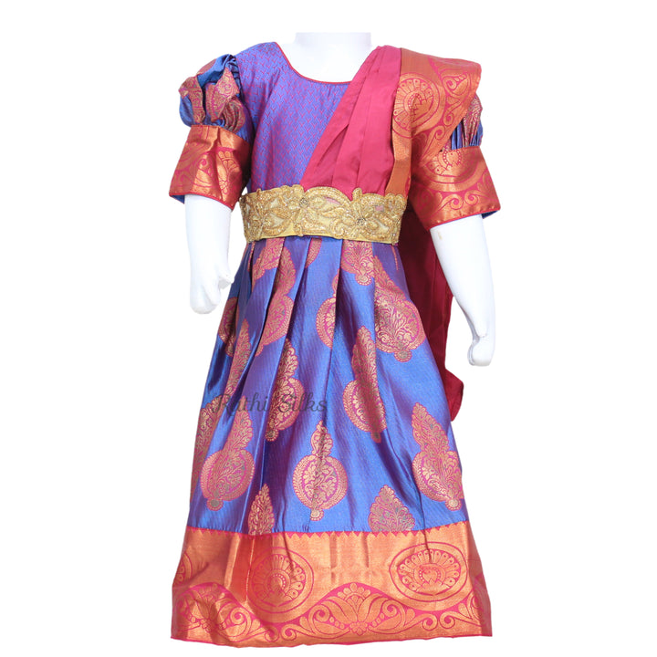 Royal Blue &amp; Maroon Art Silk Brocade Stitched Saree Dress