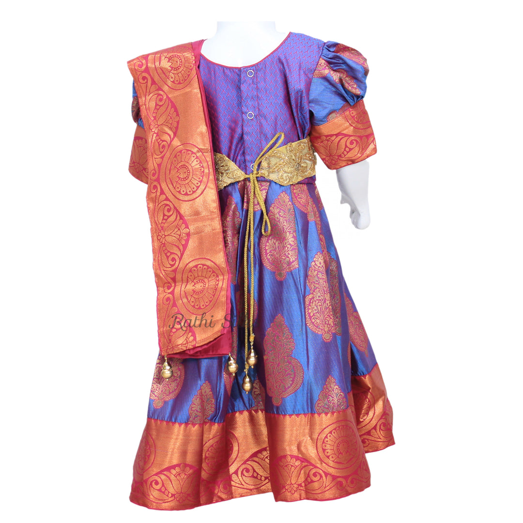 Royal Blue &amp; Maroon Art Silk Brocade Stitched Saree Dress