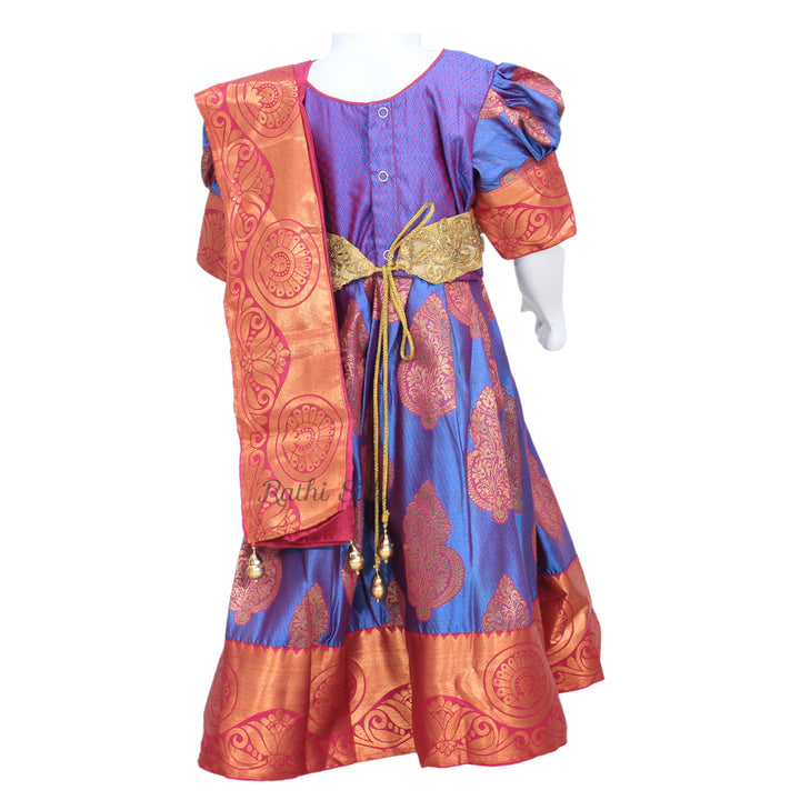 Royal Blue &amp; Maroon Art Silk Brocade Stitched Saree Dress