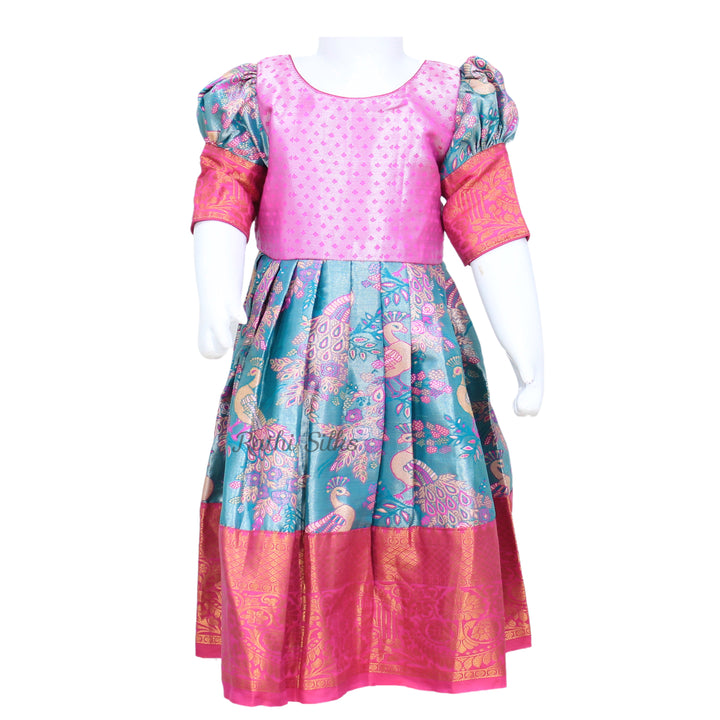 Pink &amp; Teal Art Silk Peacock Brocade Stitched Saree Dress