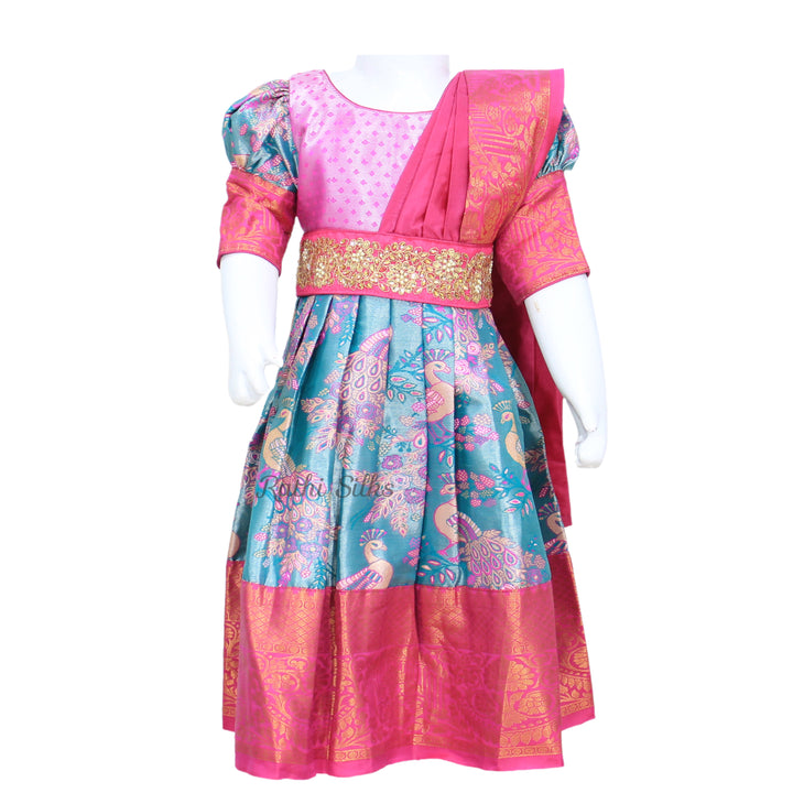 Pink &amp; Teal Art Silk Peacock Brocade Stitched Saree Dress