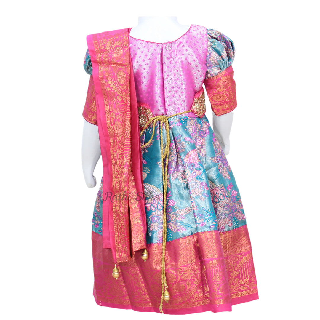 Pink &amp; Teal Art Silk Peacock Brocade Stitched Saree Dress