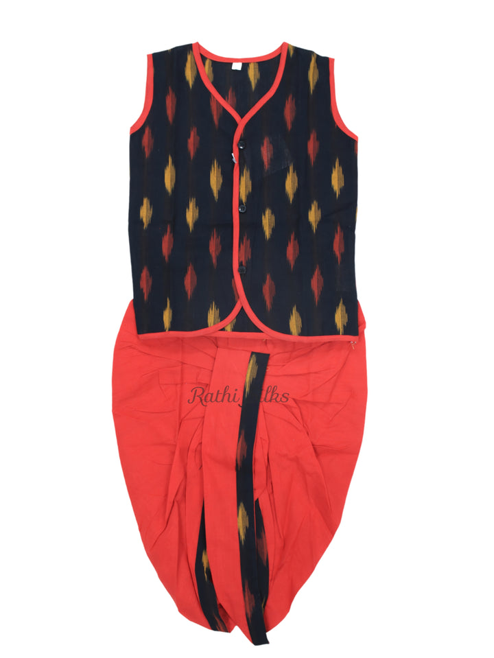 Boys Ikat Cotton Printed Panjagajam Set – Black &amp; Red. Kurta Pyjama