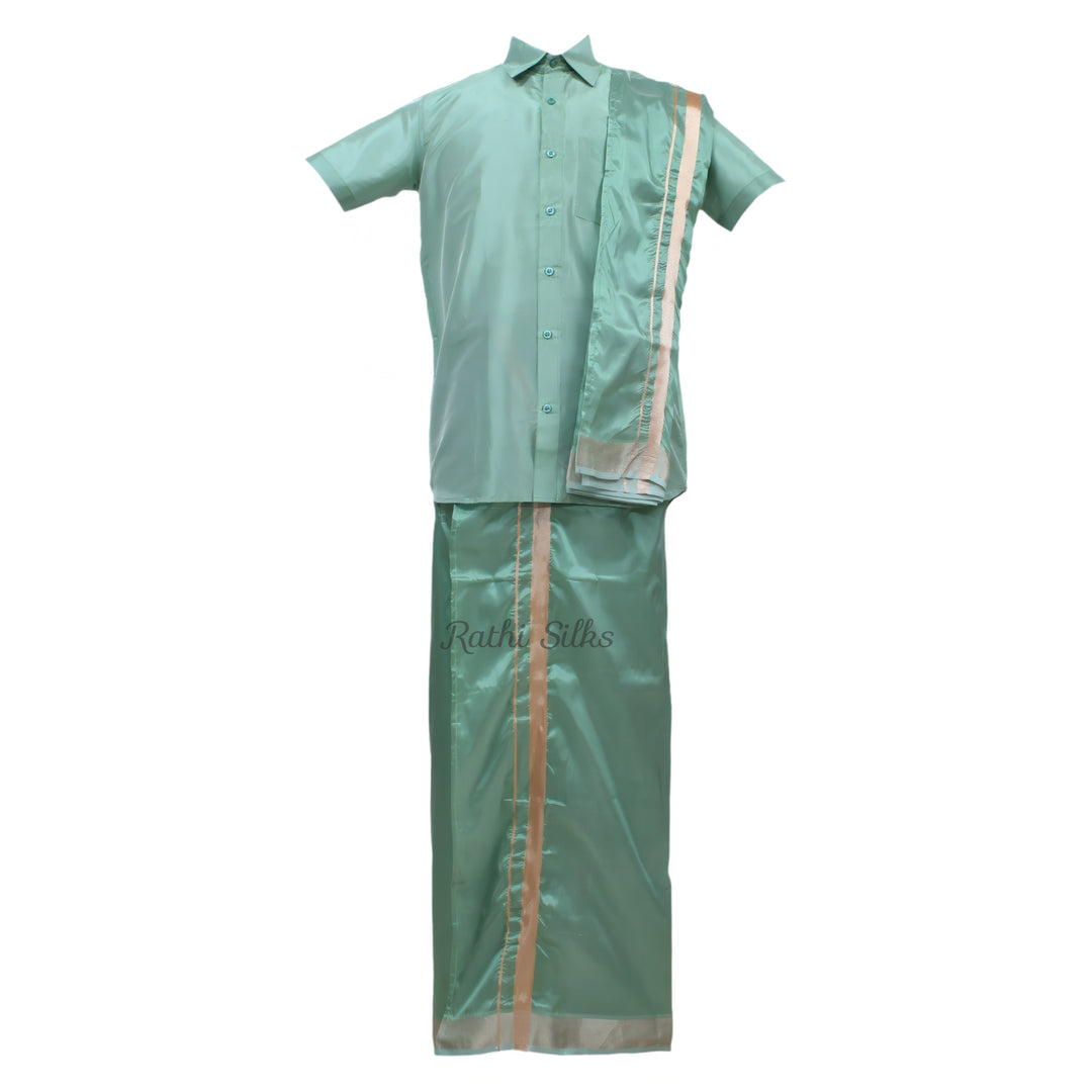 Men’s Traditional Art Silk Dhoti Set with Shirt &amp; Angavastram. MEN'S Dhoti shirt