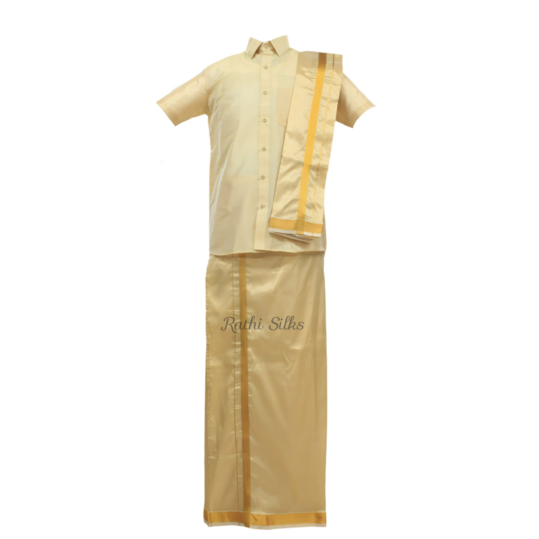 Men’s Traditional Art Silk Dhoti Set with Shirt &amp; Angavastram. MEN'S Dhoti shirt