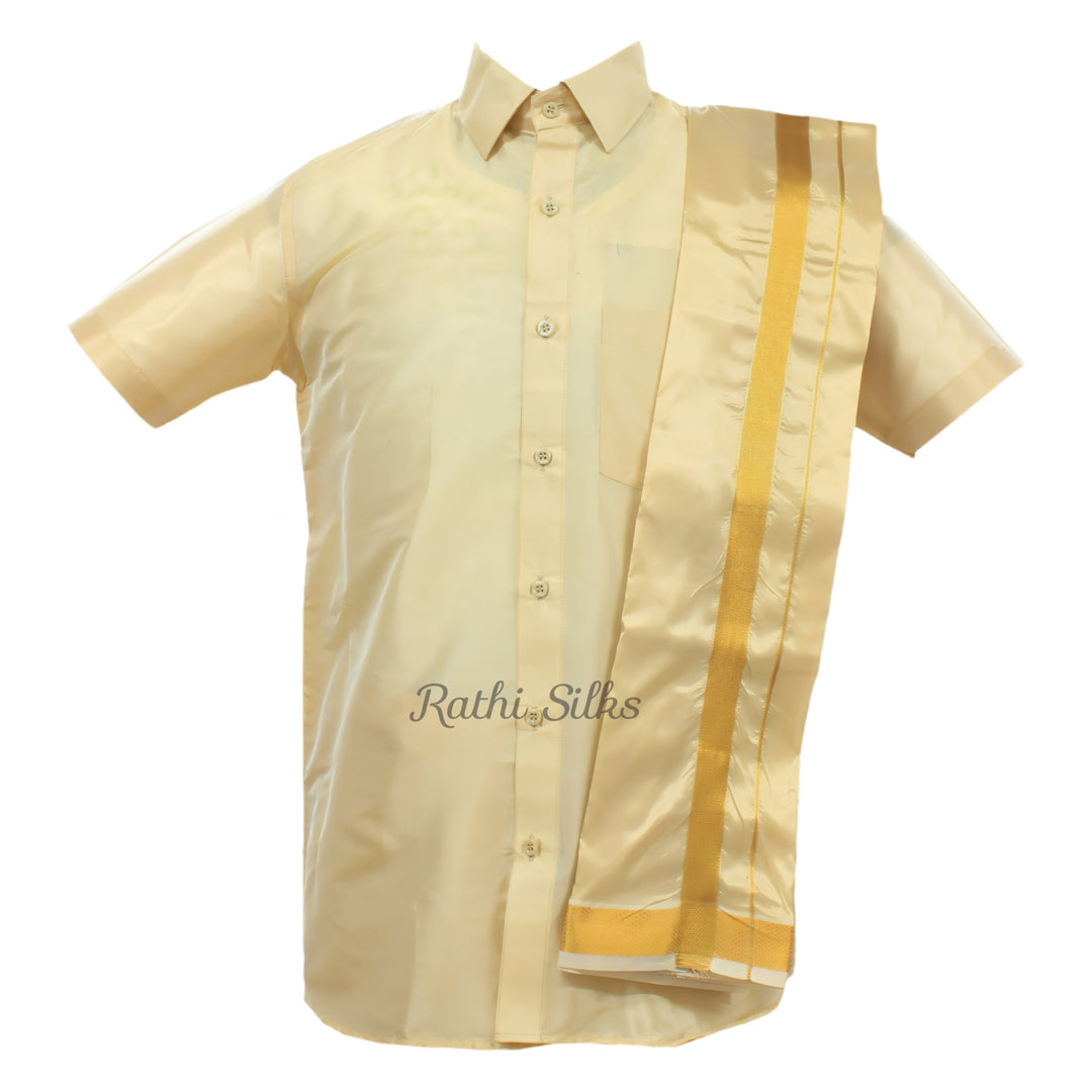 Men’s Traditional Art Silk Dhoti Set with Shirt &amp; Angavastram. MEN'S Dhoti shirt