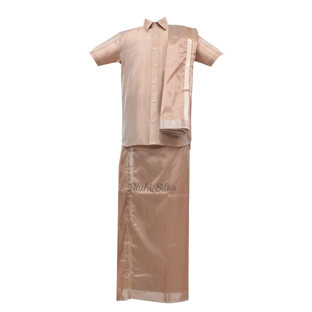 Men’s Traditional Art Silk Dhoti Set with Shirt &amp; Angavastram. MEN'S Dhoti shirt