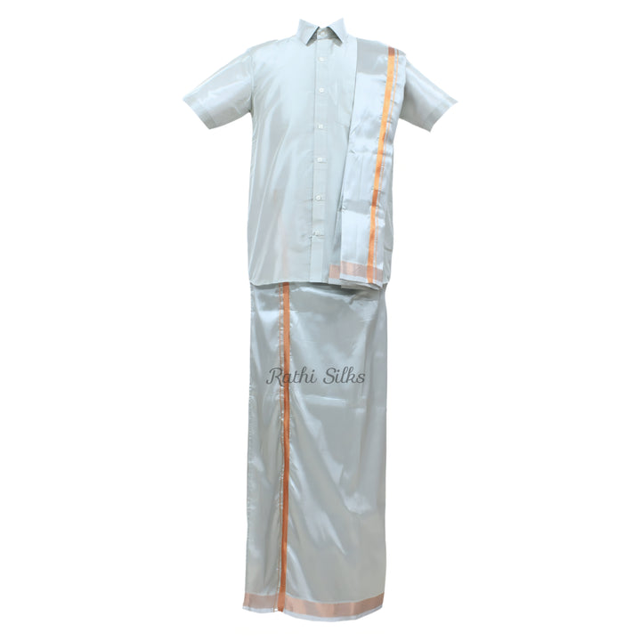 Men’s Traditional Art Silk Dhoti Set with Shirt &amp; Angavastram. MEN'S Dhoti shirt
