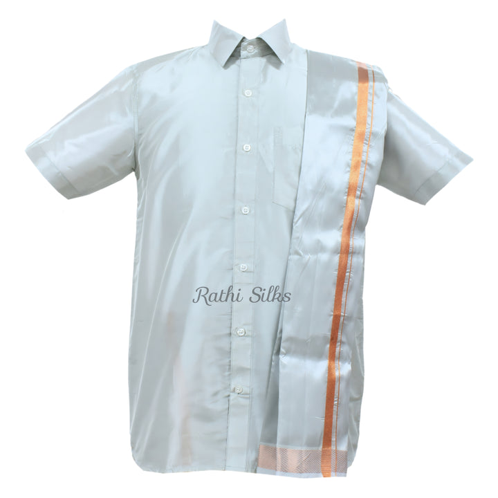 Men’s Traditional Art Silk Dhoti Set with Shirt &amp; Angavastram. MEN'S Dhoti shirt
