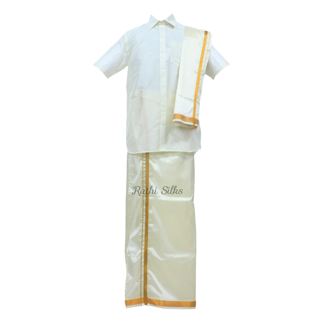 Men’s Traditional Art Silk Dhoti Set with Shirt &amp; Angavastram. MEN'S Dhoti shirt