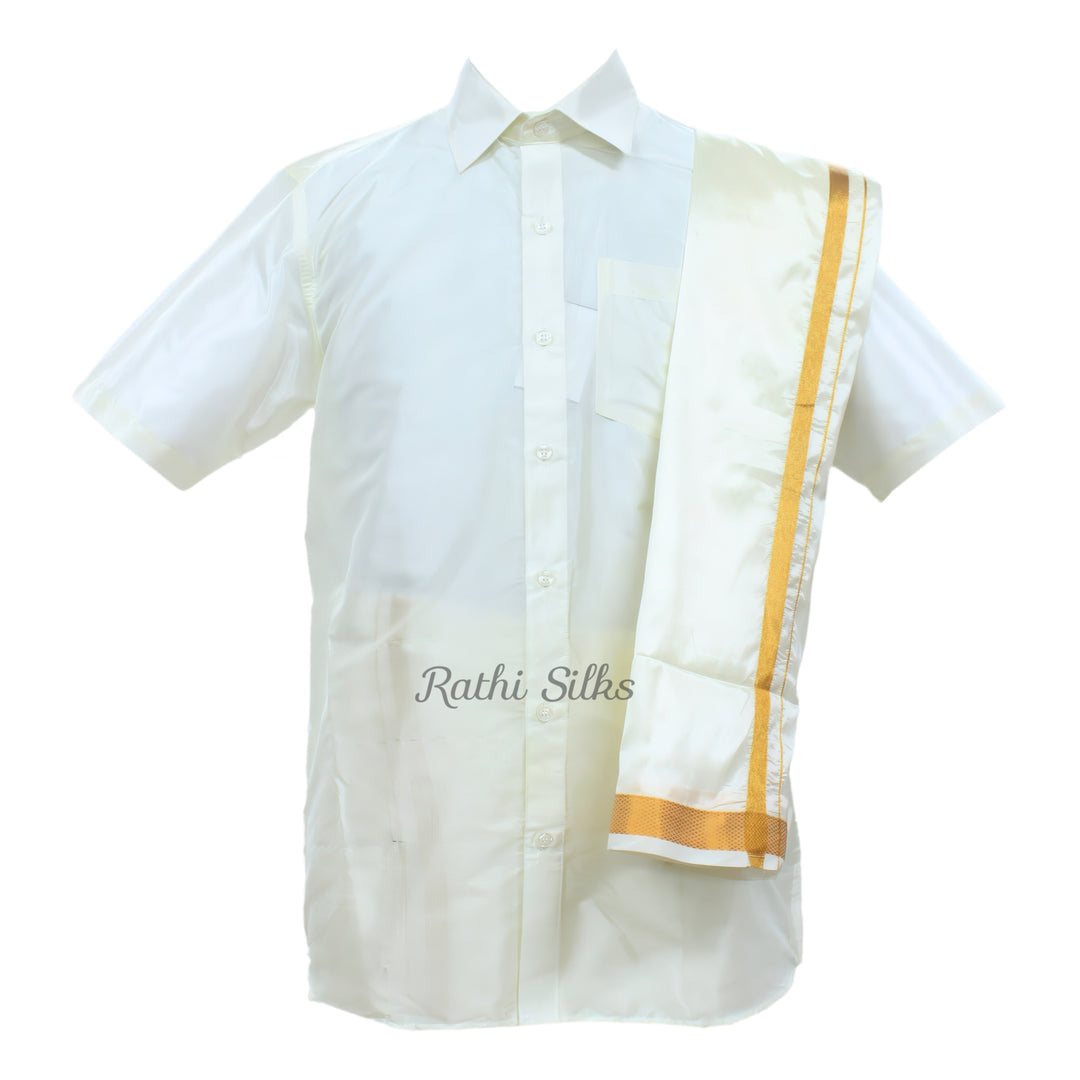 Men’s Traditional Art Silk Dhoti Set with Shirt &amp; Angavastram. MEN'S Dhoti shirt