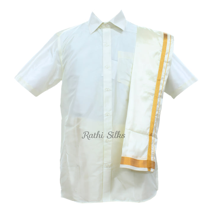 Men’s Traditional Art Silk Dhoti Set with Shirt &amp; Angavastram. MEN'S Dhoti shirt