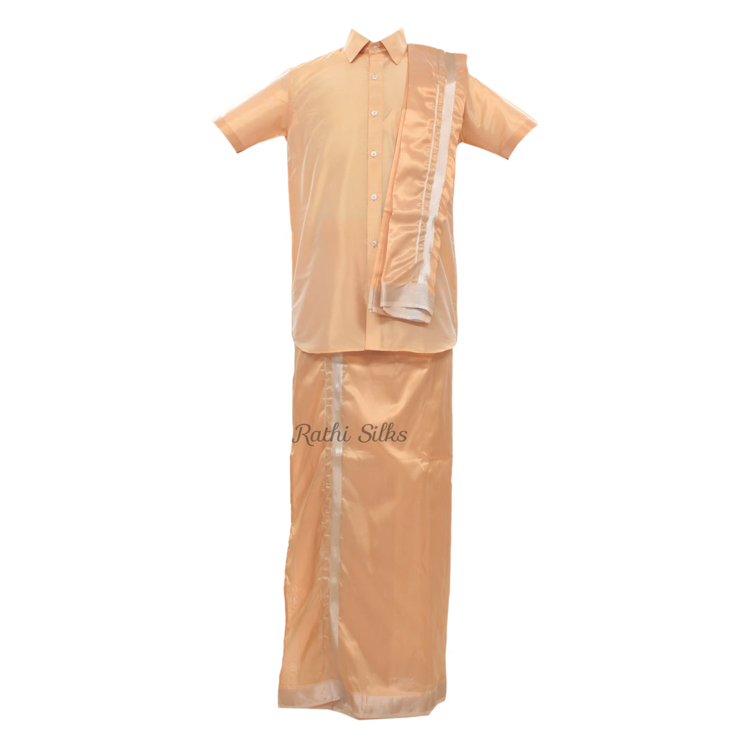 Men’s Traditional Art Silk Dhoti Set with Shirt &amp; Angavastram. MEN'S Dhoti shirt