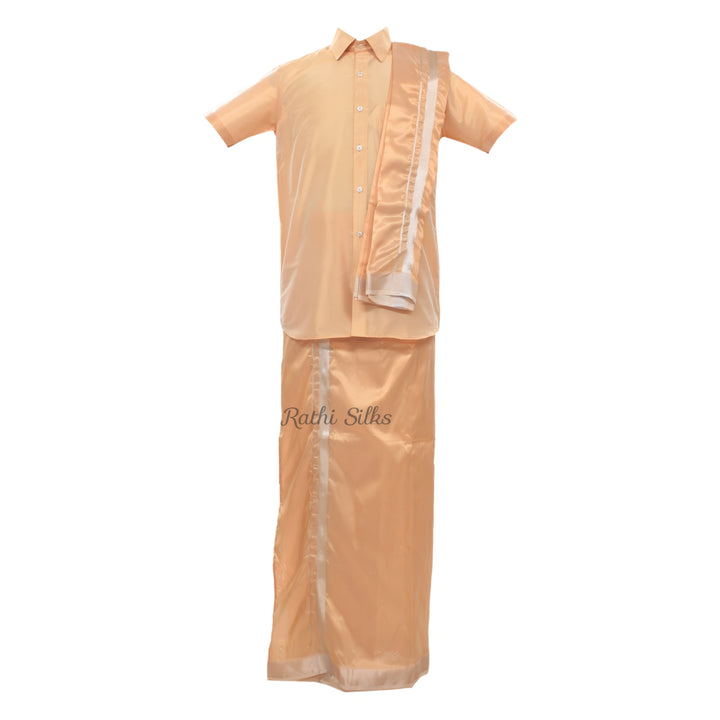 Men’s Traditional Art Silk Dhoti Set with Shirt &amp; Angavastram. MEN'S Dhoti shirt