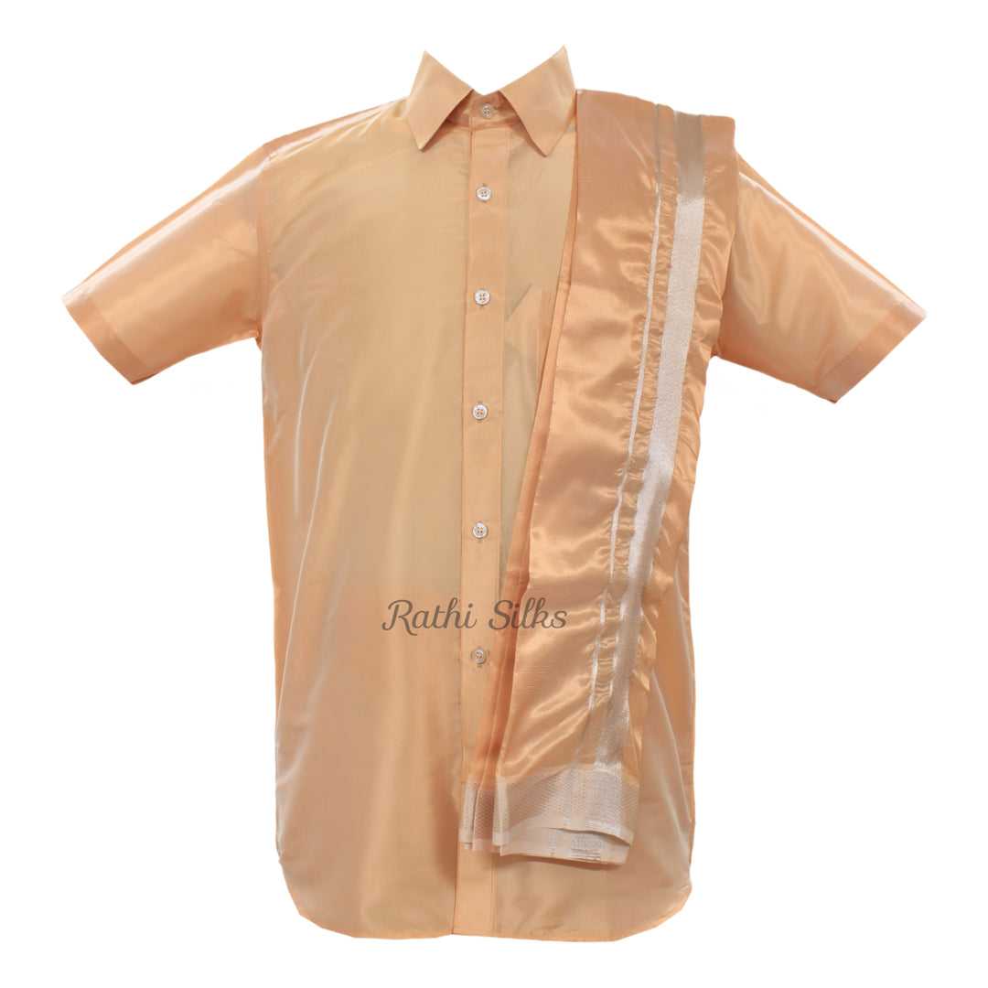 Men’s Traditional Art Silk Dhoti Set with Shirt &amp; Angavastram. MEN'S Dhoti shirt