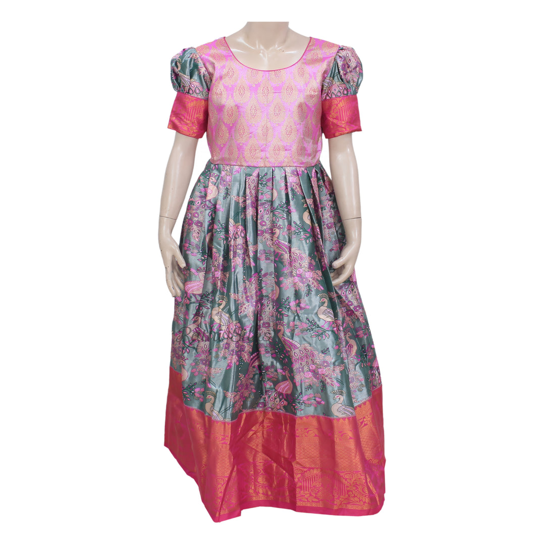 Pink &amp; Teal Art Silk Peacock Print Stitched Saree Dress