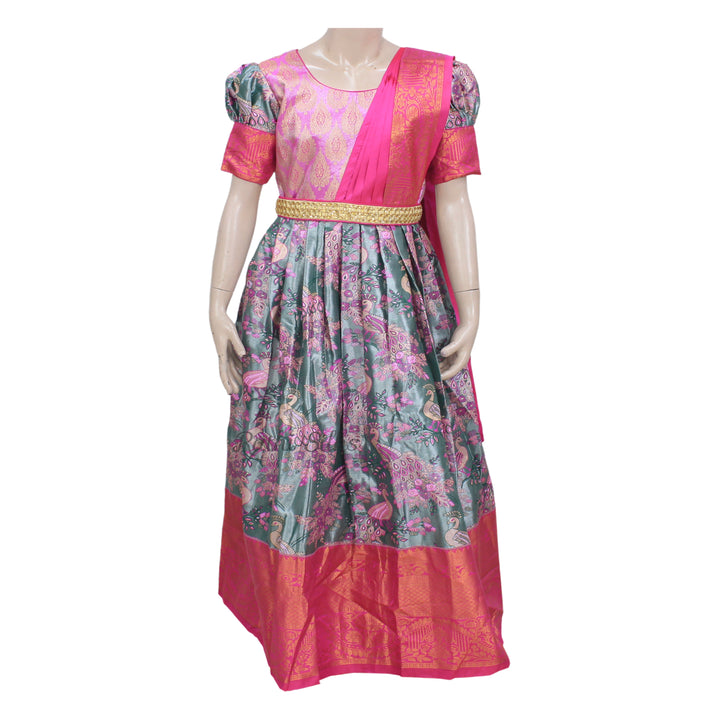 Pink &amp; Teal Art Silk Peacock Print Stitched Saree Dress