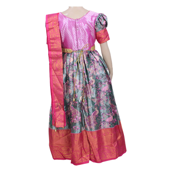 Pink &amp; Teal Art Silk Peacock Print Stitched Saree Dress